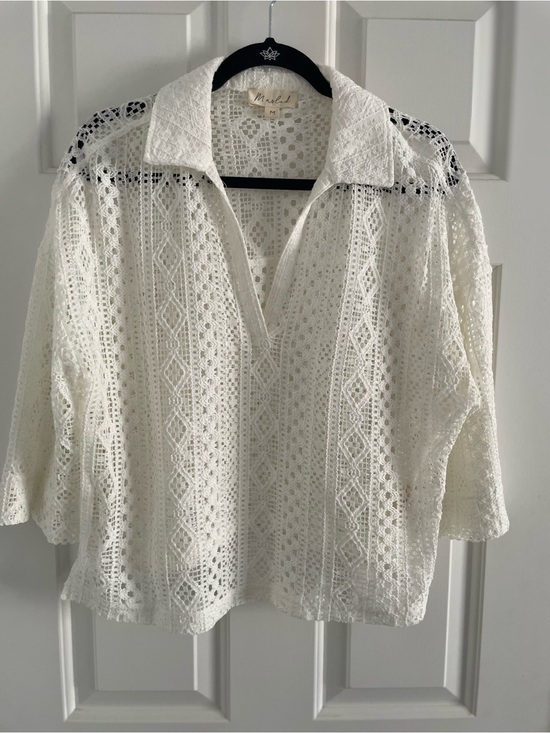 Marled Tops - Marled White Crochet Collared Tunic